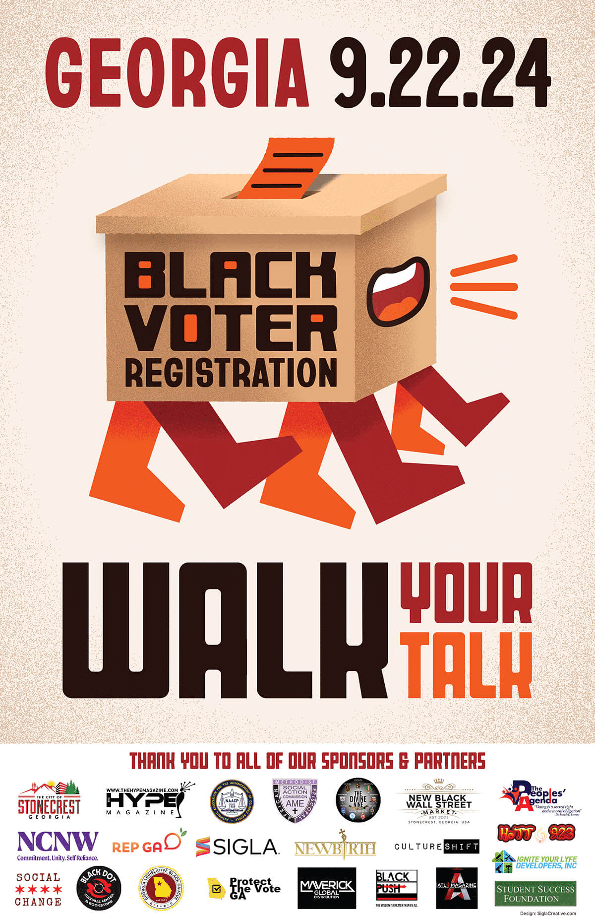 Walk Your Talk, voter suppression in Georgia poster.